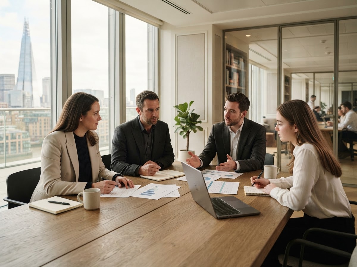 Norqevaryn strategy team reviewing predictive analytics output